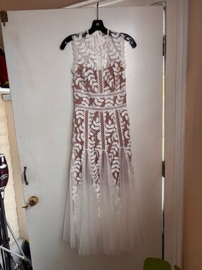 Bronx and Banco White Lace Appliqué Maxi Gown with Nude Lining